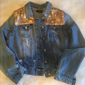 Bebe Distressed Denim and Sequin Jacket